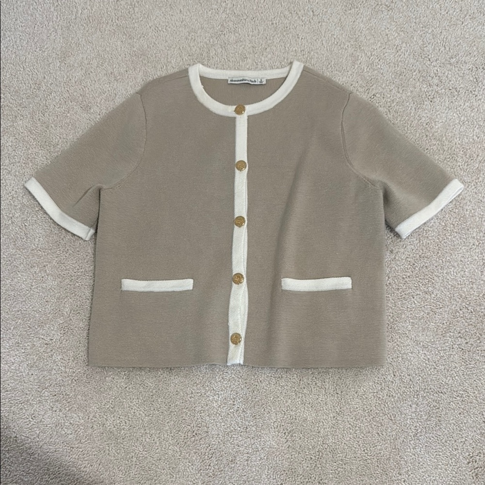 Tan and White Short Sleeve Cardigan